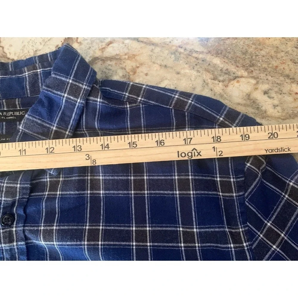 Banana Republic Luxe Flannel Shirt Mens XL Slim Fit   Blue‎ Black Plaid Rugged